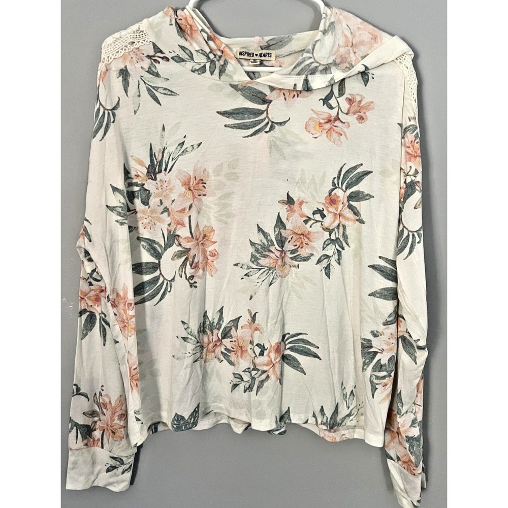 Inspired Hearts Shirt Womens XL Ivory Floral Crochet Hooded Long Sleeve Boho